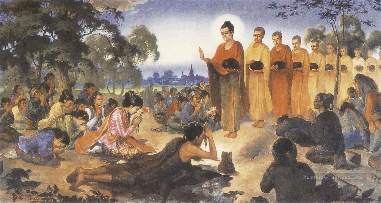 Sumedha ascétique recevant sa première prédiction sure de devenir un futur Bouddha du Bouddha Dipankara bouddhisme Peintures à l'huile